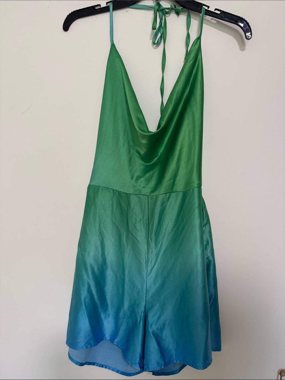 Fashion Nova Green to Teal Ombre Satin Romper